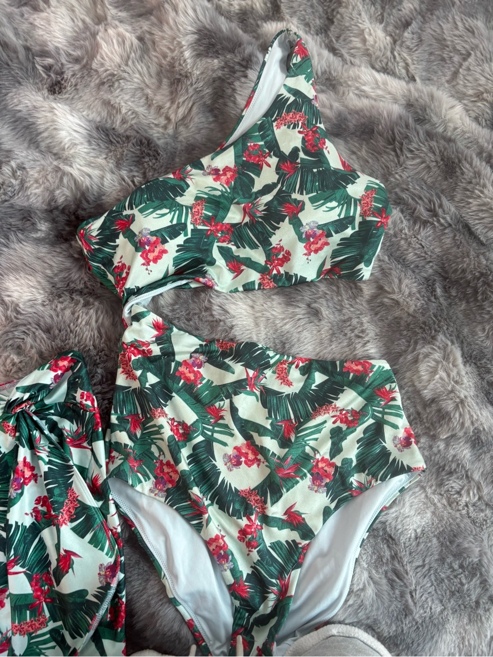 Victoria's Secret Green and Red Tropical One-Shoulder Bikini Set